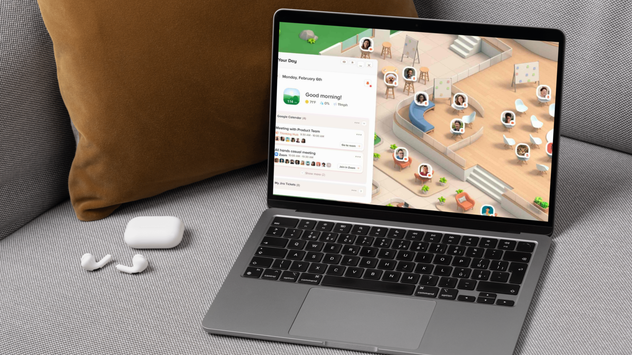 The Proximity app is running on a laptop that sits on a sofa with earbuds nearby. It shows the Your Day panel over the virtual workspace.