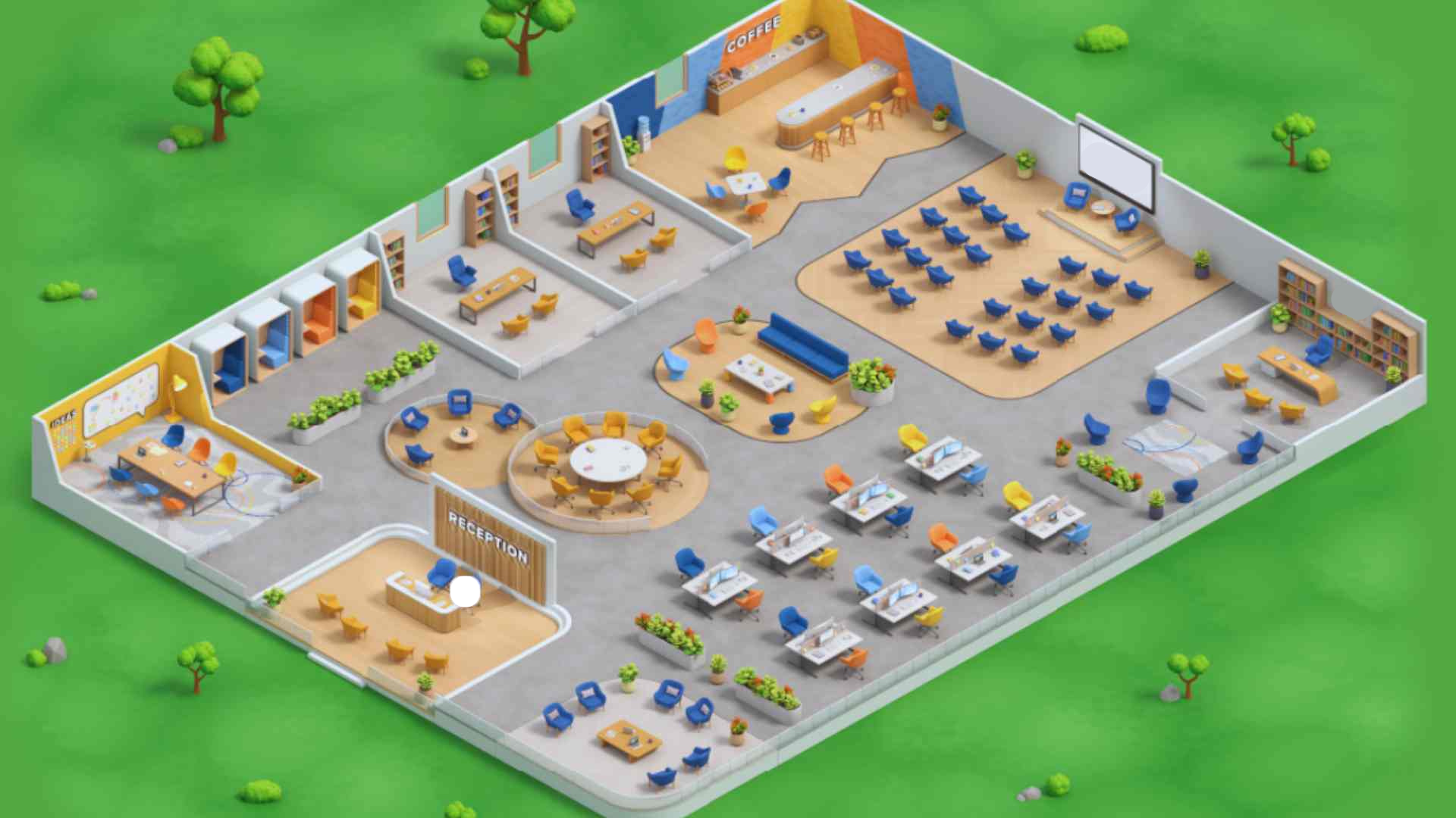 An image of a Proximity workspace layout with a reception area, lots of small work stations, several conference rooms, a cafe and a larger presentation space.