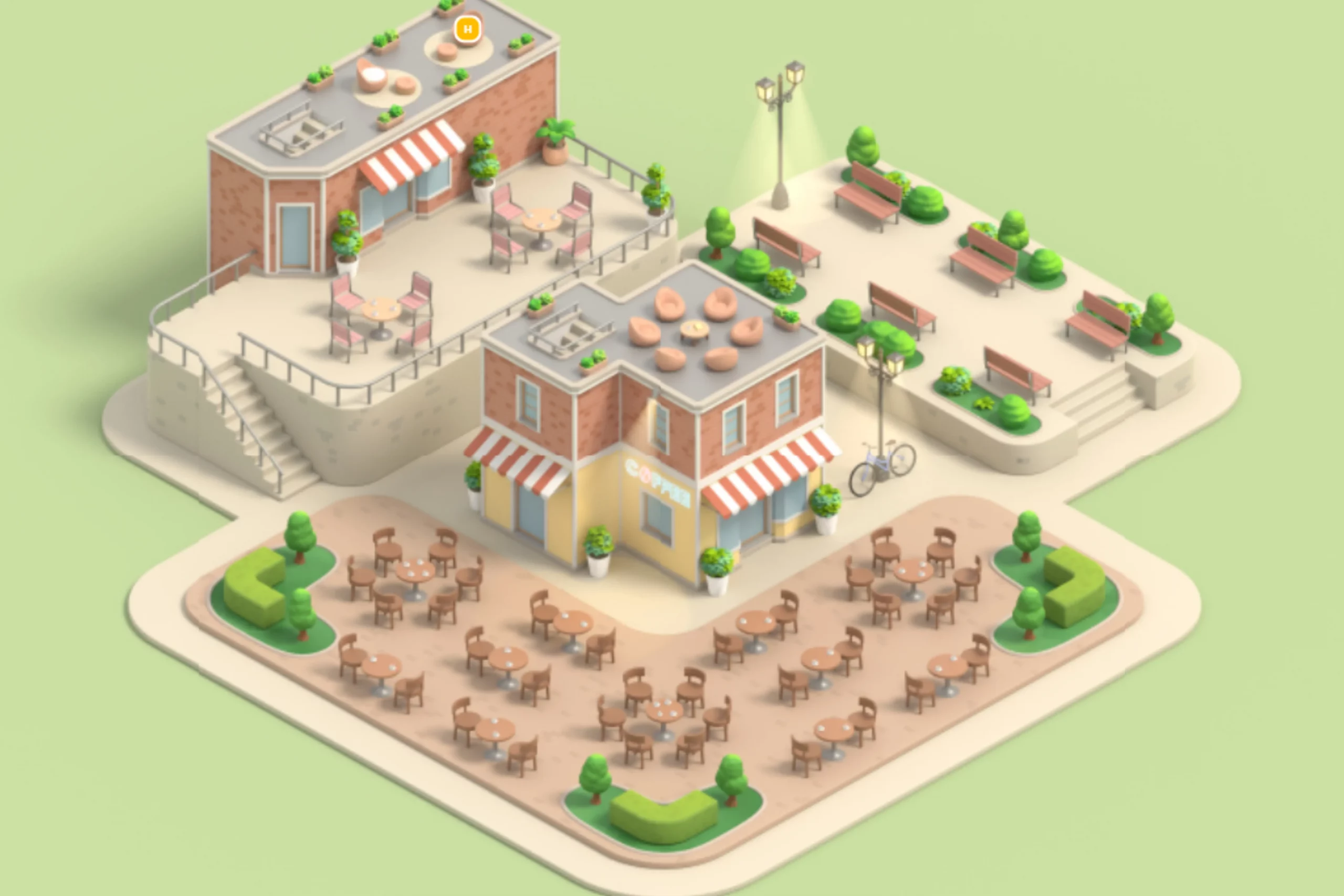 A Proximity workspace with a village or cafe feeling where there are lots of small bistro tables surrounding a coffee shop. There re also 6 parch benches, a rooftop lounge and an upper level with additional space.